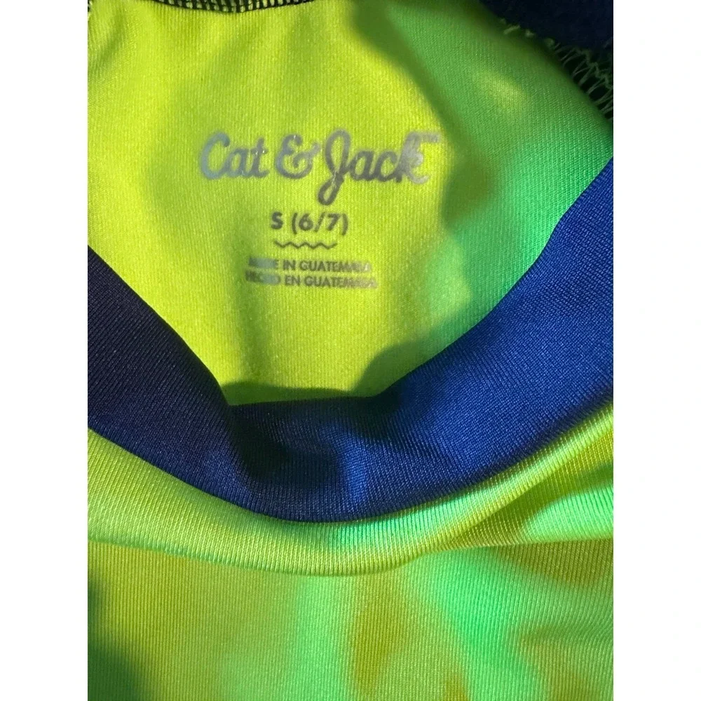 Cat &‎ Jack Lime Green & Navy Short Sleeve Boys Swim Rashguard Sz-S(6/7)   GG7